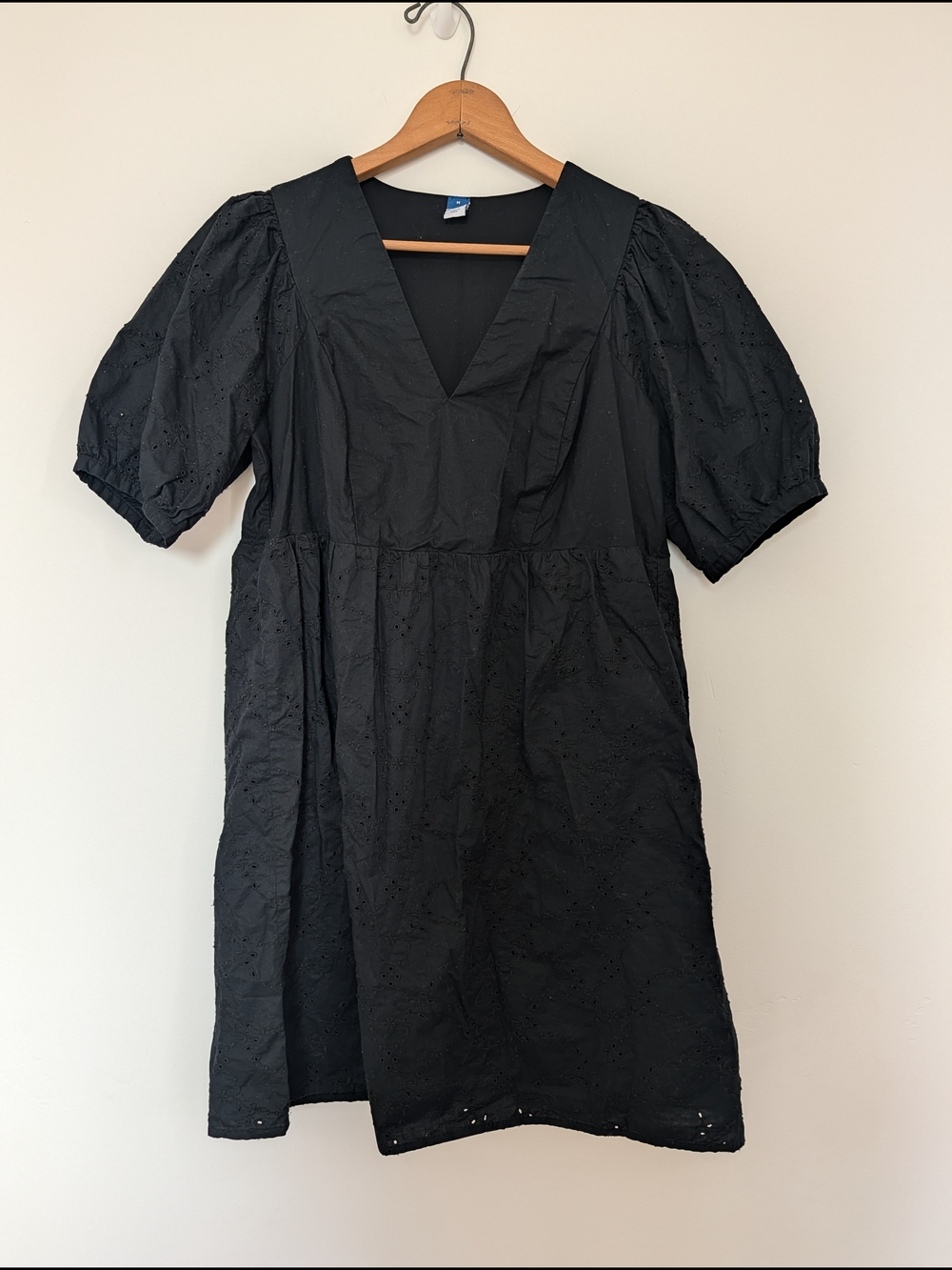 Old Navy Black V-Neck Puff Sleeve Eyelet Mini Dress